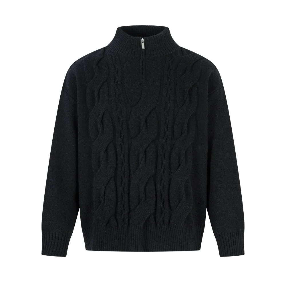 Solid Color Jacquard Sweater Mens Autumn Winter Casual Loose Half Zipper Long Sleeve Sweater Man