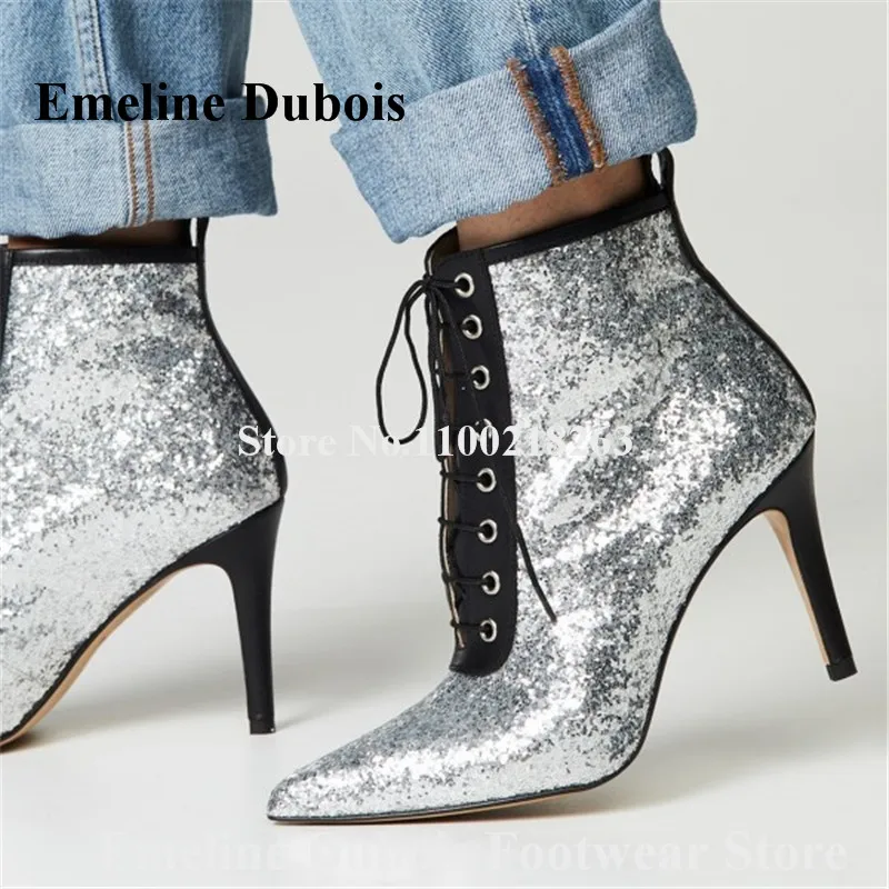 

Silver Sequined Short Boots Emeline Dubois Bling Bling Pointed Toe Patchwork Stiletto Heel Ankle Booties Lace-up Glitters Heels