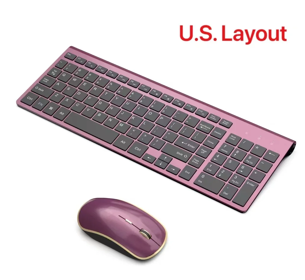 Eua Layout de Teclado e Mouse sem Fio Combo2.4g Compacto e Ultra Fino Teclado e Mouse sem Fio para Desktoptv Pc-vinho Tinto - Imagem 2