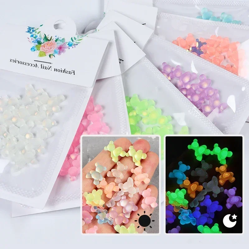 Luminous Cute Bear Nail Art Accessories Kawaii Bear Resin Charms Glow In The Dark Nail Jewelry Rhinestones 3D Luxury Parts Ongle
