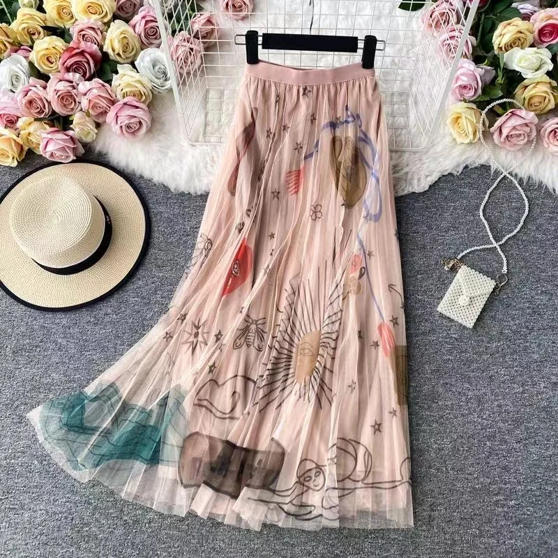 black denim skirt New 5 Colors 88cm Maxi Tulle Skirt Women Korean Style Fashion Beautiful Print A Line High Waist Pleated Long Skirt Female jean skirt Skirts