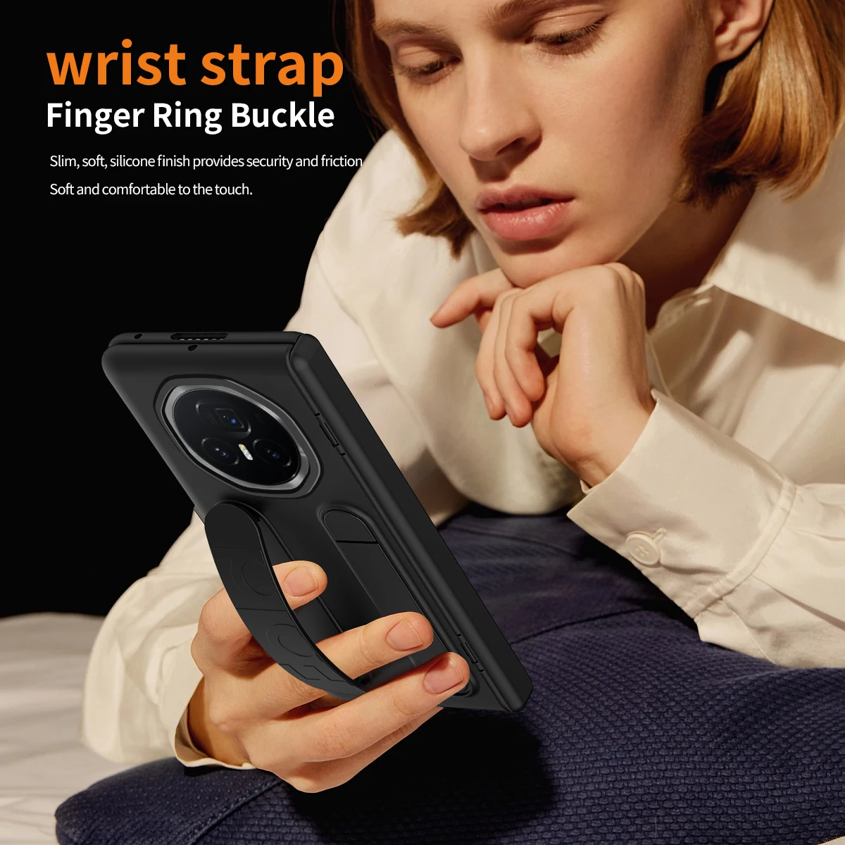 For Honor Magic V3 Silicone Fabric 3-in-1 Protective Phone Case with Wristband and Stand