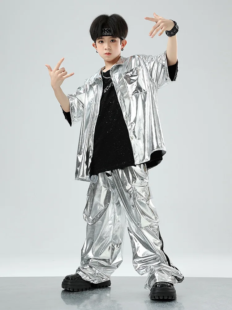 Boys Hip Hop Silver Jacket Street Dance Cargo Pants Girls Sequin