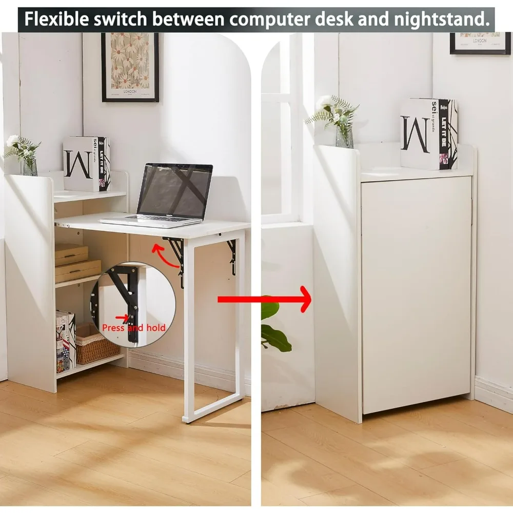Space-Saving Foldable Desk with Storage and Integrated Outlet for Compact Home Offices and Bedrooms