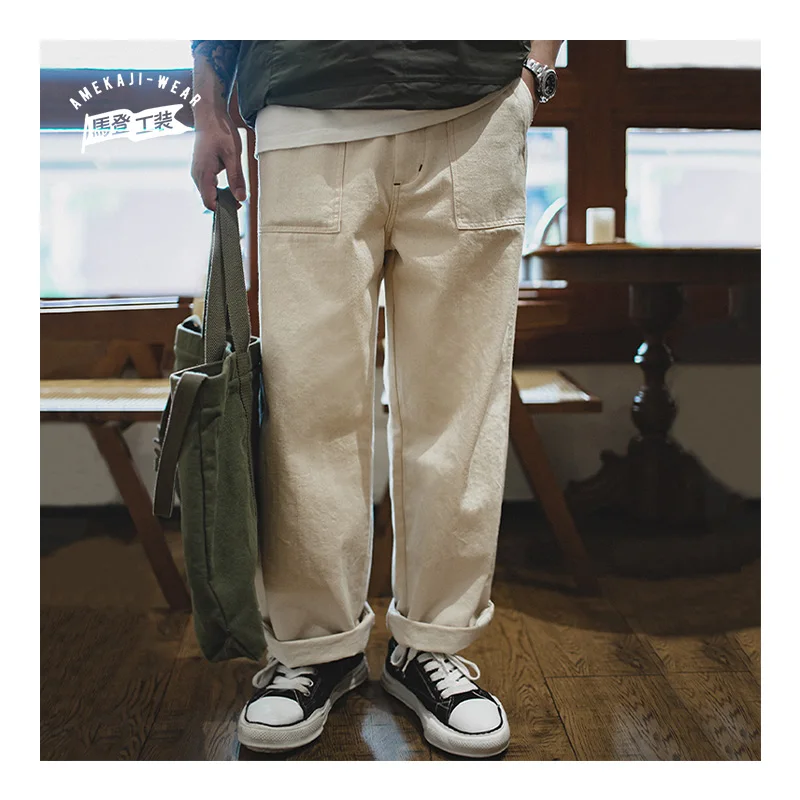 Maden Japanese Retro Cotton Seed Shell Rice White Casual jeans Loose Straight Long Pants Cargo Pants Sweatpants Men Trousers 2