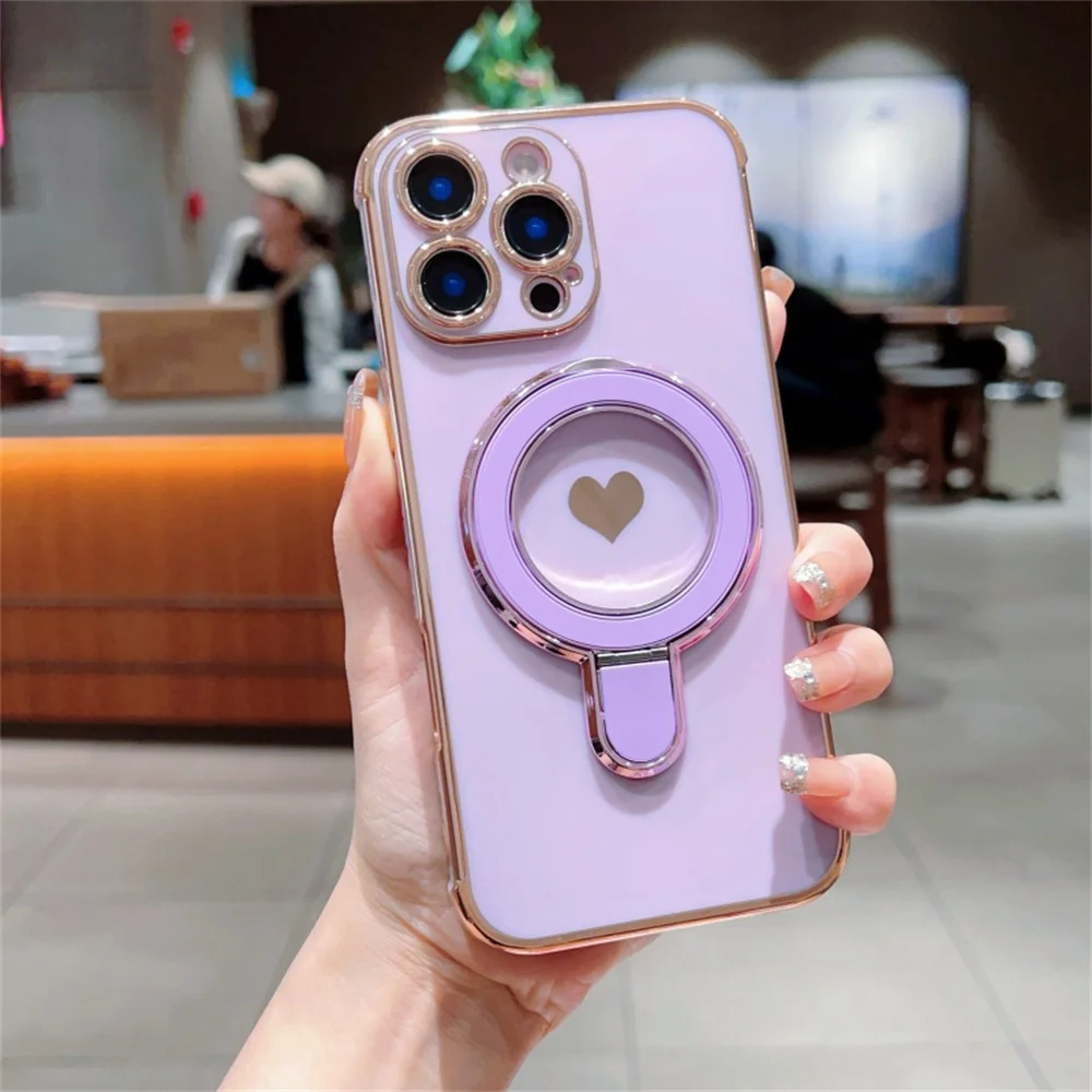 Magnetic Love Heart Stand Holder Phone Case with Plating