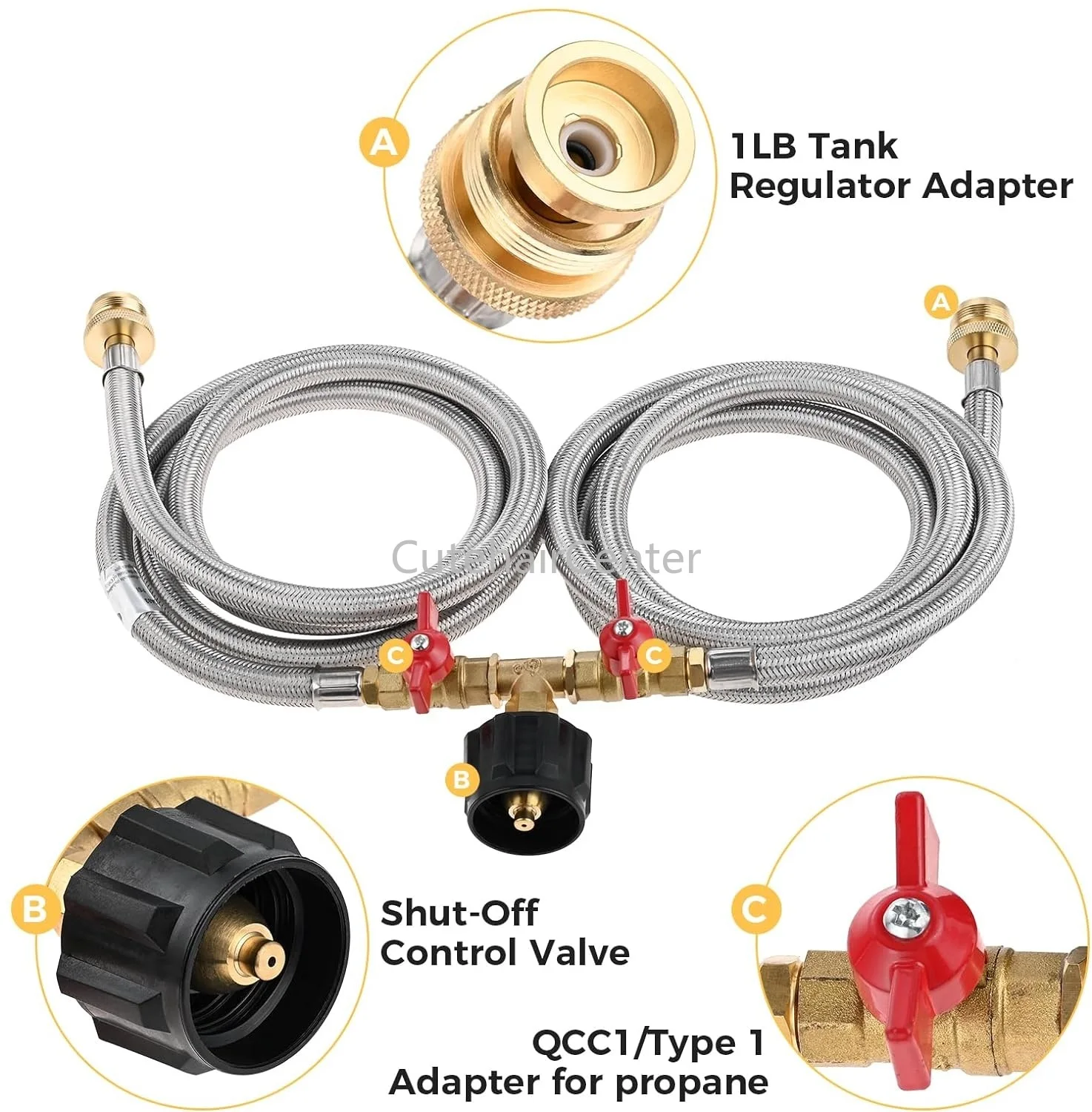 Propane 2 Way Splitter Adapter 5 FT Hose + Valve 350PSI Tank Converter Assembly for QCC1/Type1 Gas Heater Fire Pit Camping Grill