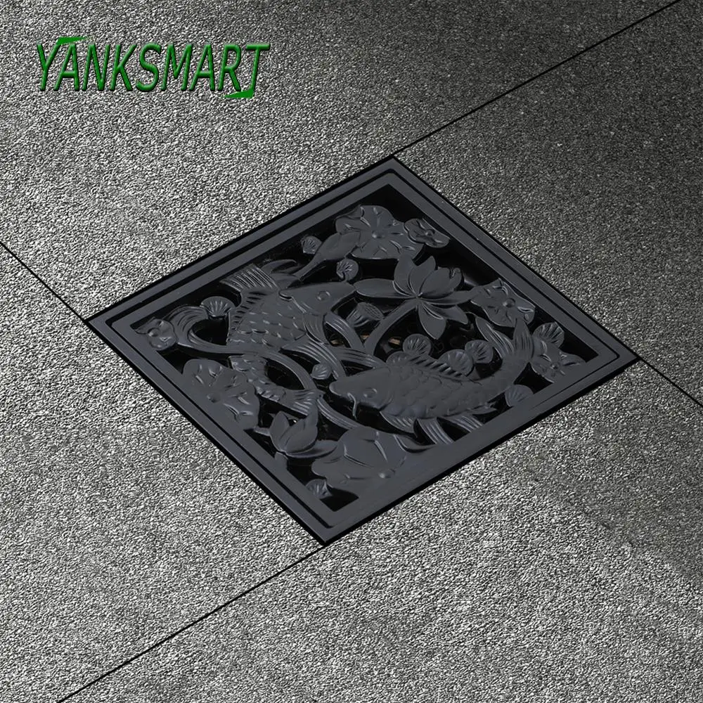

YAMKSMART Shower Drains 10*10cm Square Bath Drains Strainer Hair Fish Carved Bathroom Waste Grate Filter Deodorant Floor Cover