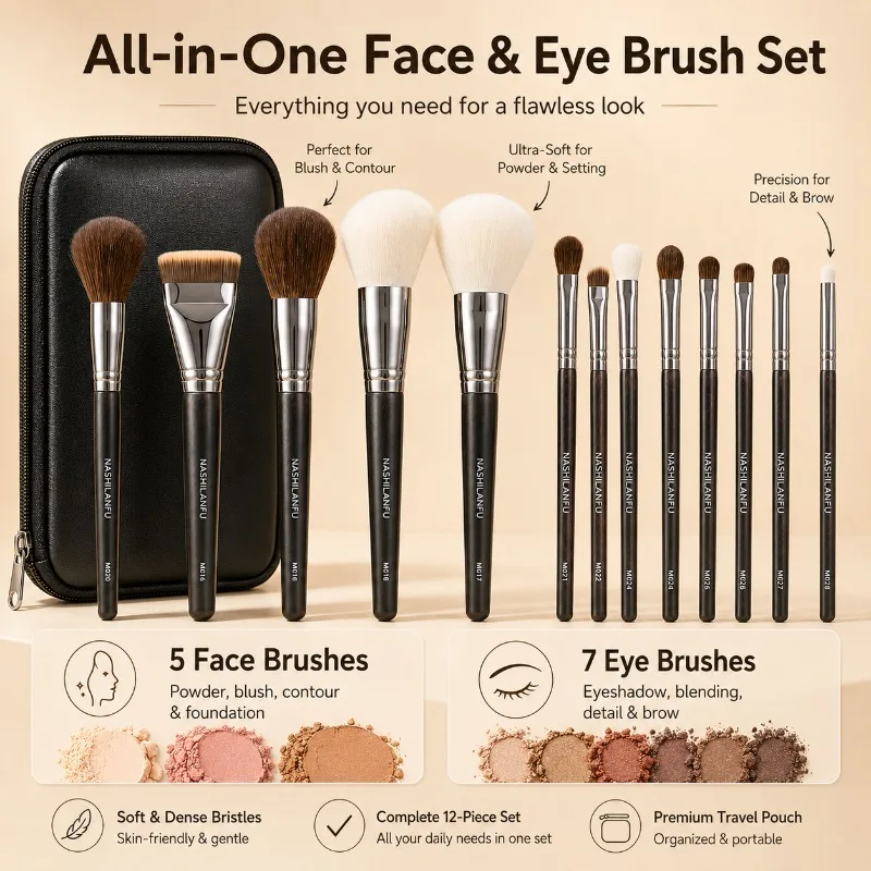 Set Completo di 14 Pennelli per il Trucco, Pennelli per Viso e Occhi con Custodia Portatile per Cipria, Blush, Contouring, Fondotinta, Ombretto, Kit Cosmetico - immagine 2