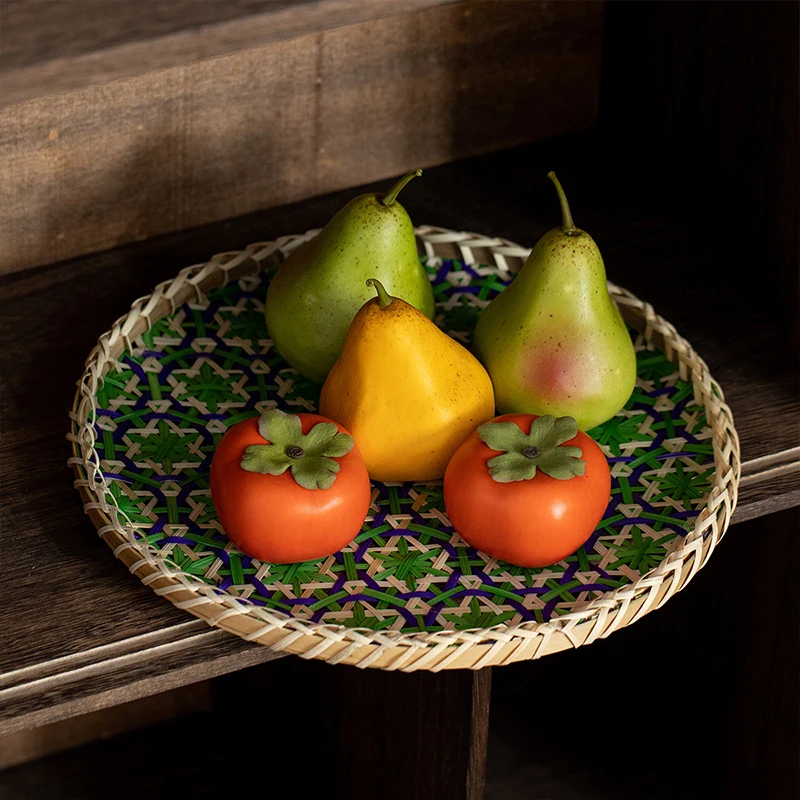Handmade Bamboo Round Tray Colorful Fruit Bread Basket Dried Fruit Plate Bohemian Style Food Tray Living Room Home Decor 1PC