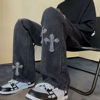 Jean en Denim à jambes droites pour hommes, nouvelle mode décontractée, ample, pantalon Y2k, jambes larges, Hip Hop, noir, bleu 3