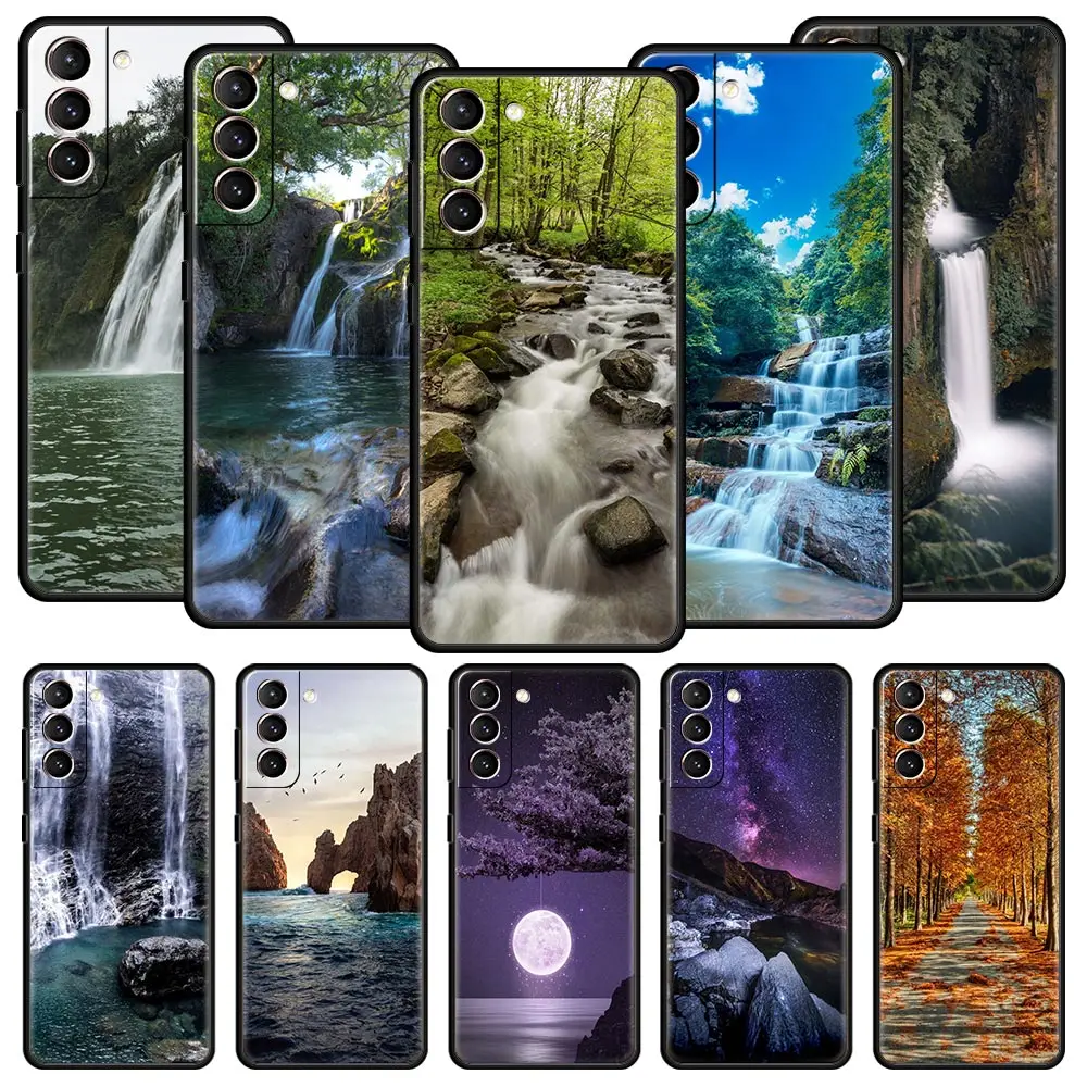 

Waterfall nature Trees Autumn ship Phone Case For Samsung Galaxy S23 S22 Ultra S20 S21 FE 5G S10 S9 Plus S10E S8 S7 Edge Cover