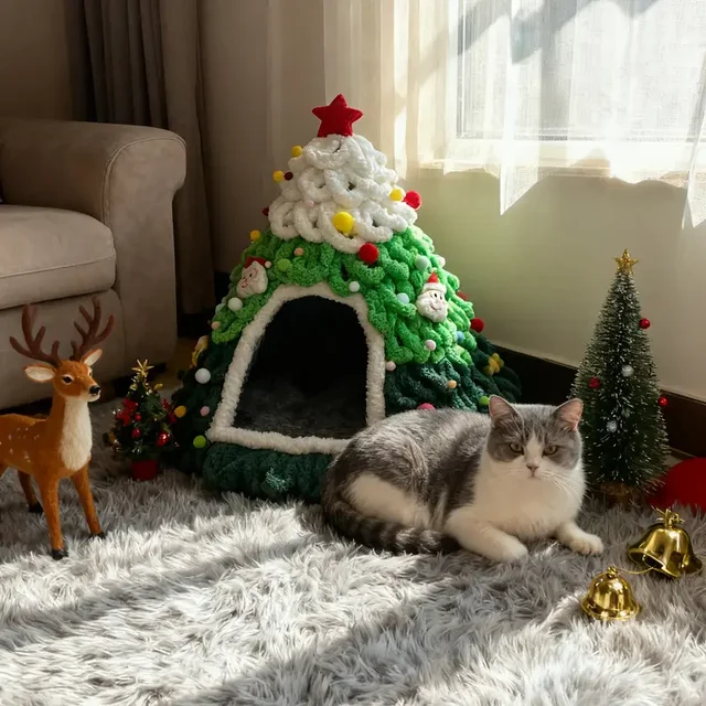 Finished Product Christmas Tree Cat Nest Cat House/ Winter Warmth Closed Security Cat Bed Weave Pet Tent No Need To Make고양이 굴 5