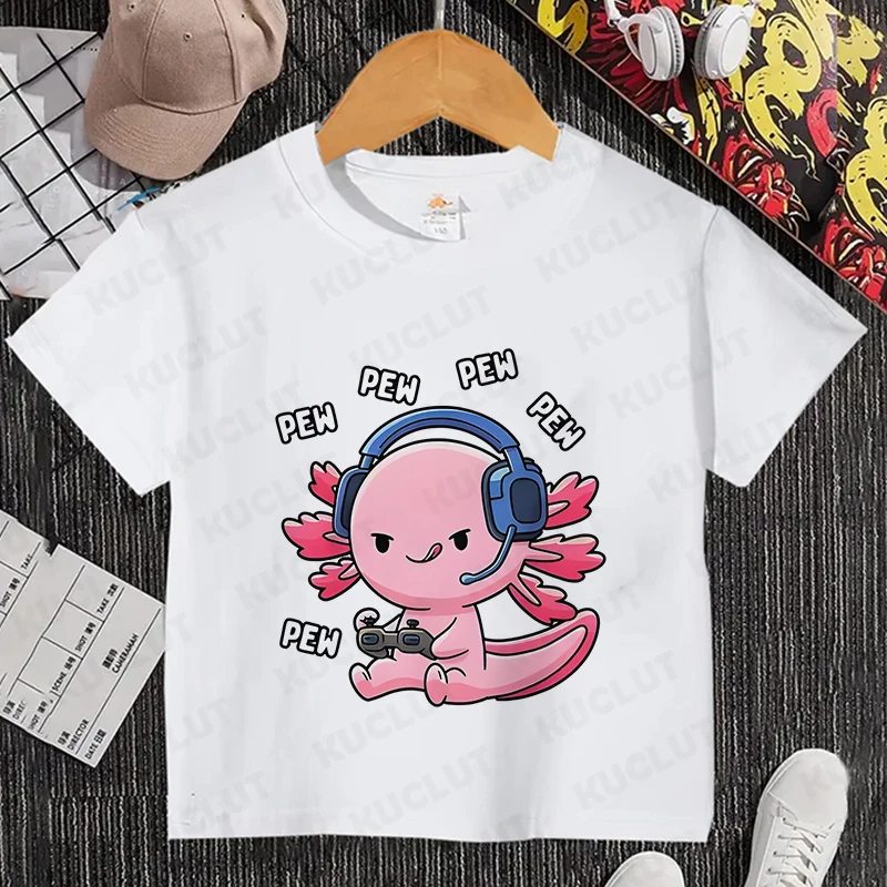 Cute Axolotl Drink Boba Tea Funny Kids T Shirt Girls Summer Tops Boys Clothes Cartoon Kawaii Tops Children Short Sleeve T-shirt 5