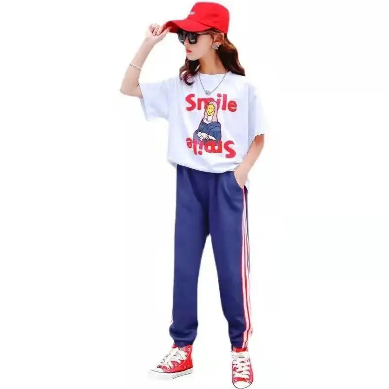 

Teenager Girls Summer Clothes Sets For Kids Wear 4 6 8 10 12 14 Year Teenage Girls Clothing Set Frill Top + Wide Pants 2PCS Set