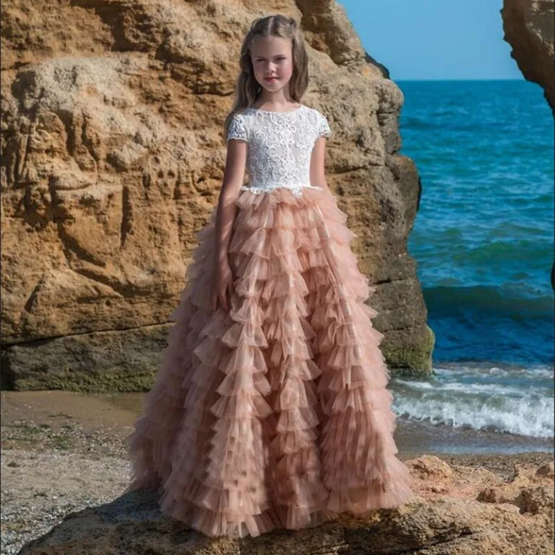 

Flower Girl Dress Sweetheart Sleeveless Tulle Lace Applique Ruched Wedding Girl Dress Sweep Train Girl's Birthday Party Gown
