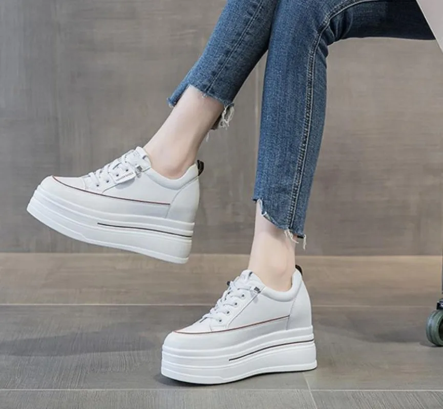 8.5cm Genuine Leather Women Autumn Hidden Heels Ladies Chunky Sneakers Thick Soled Spring Platform Wedge Summer Fashion Shoes 5