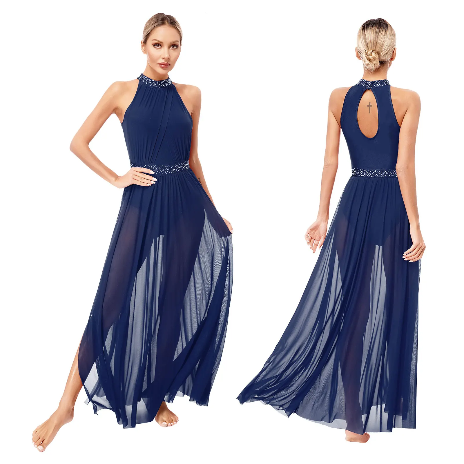 Vestido largo de malla con abertura lateral y diamantes de imitación brillantes para mujer, traje de baile lírico de Ballet, gimnasia, vestido de patinaje artístico artístico