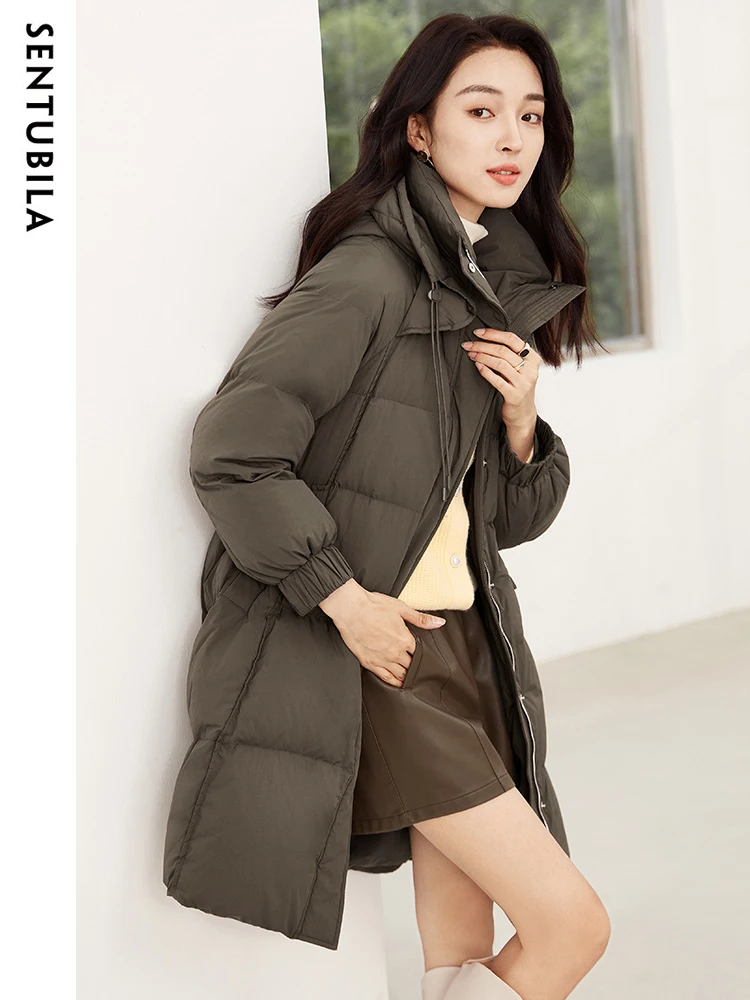 SENTUBILA Women's Hooded White Duck Down Jacket Winter 2023 Fashion Mid Length Down Coat Loose Windproof Warm Outwears W34Y49747