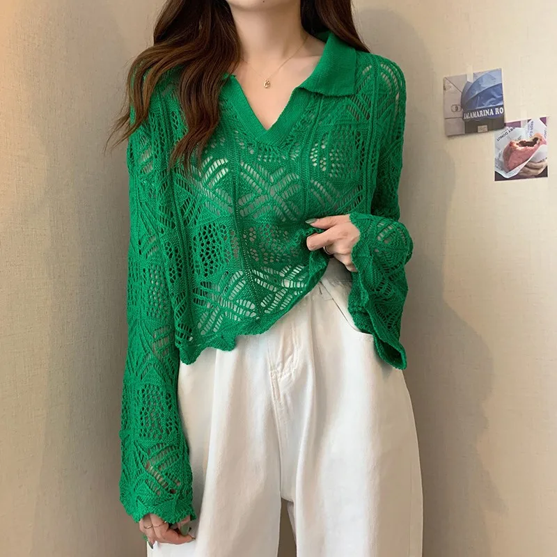 

New Fashion Loose Cover-up Outerwear Women's Crochet Hook Slim Long Sleeve Top Spicy Girl Sun Protection Shirt Cut Out Knitwear