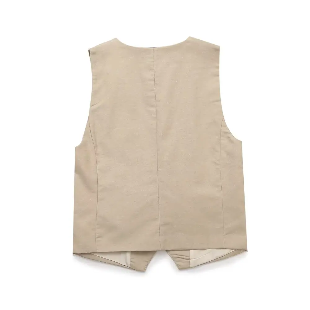 Women's 2024 New Fashion Slim Fit Single breasted Linen Blended V Neck Vest Retro Sleeveless Pocket Women's Waistcoat Chic Top