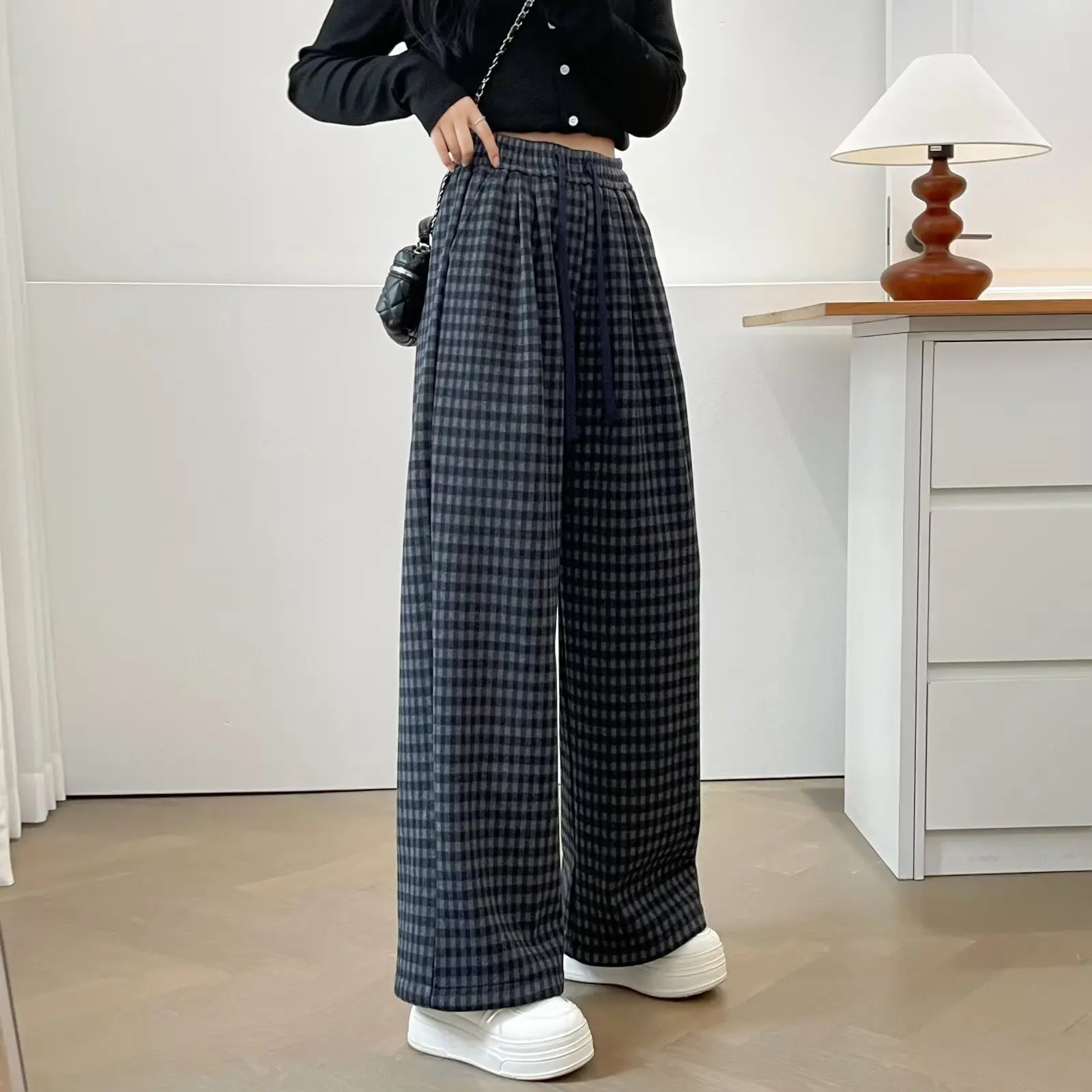 XXXXL Fashion Plus Size Women's Wide Leg Pants Classic And Versatile Oversized Winter 2025 Fleece And Thickened Plaid Trousers