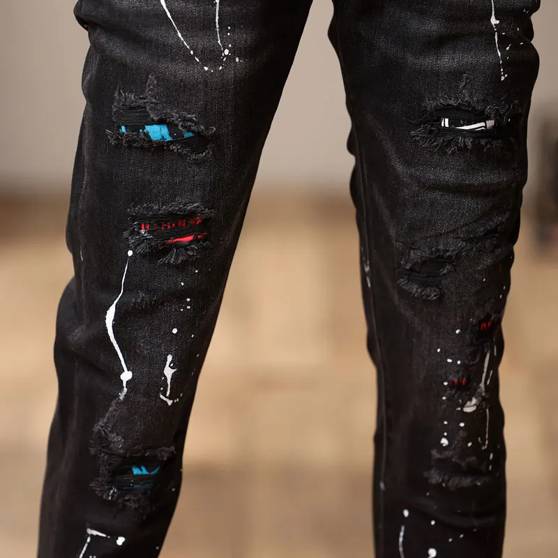 Fashionable street clothing men's painted jeans retro black gray elastic slim fit retro slit jeans men's designer hip-hop pants
