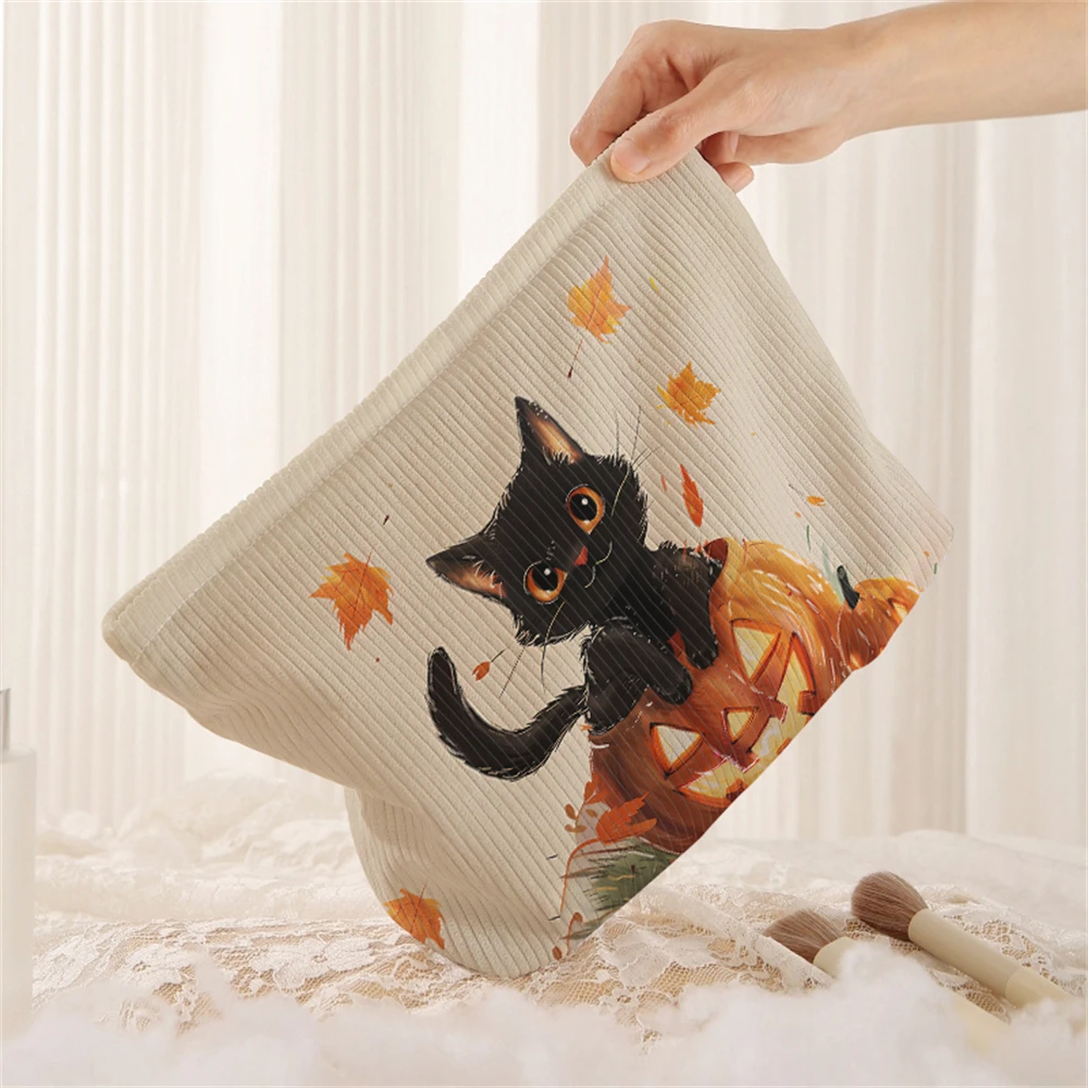 1 black cat and pumpkin patterned corduroy makeup bag, lightweight zipper makeup storage box, multifunctional bag with lining