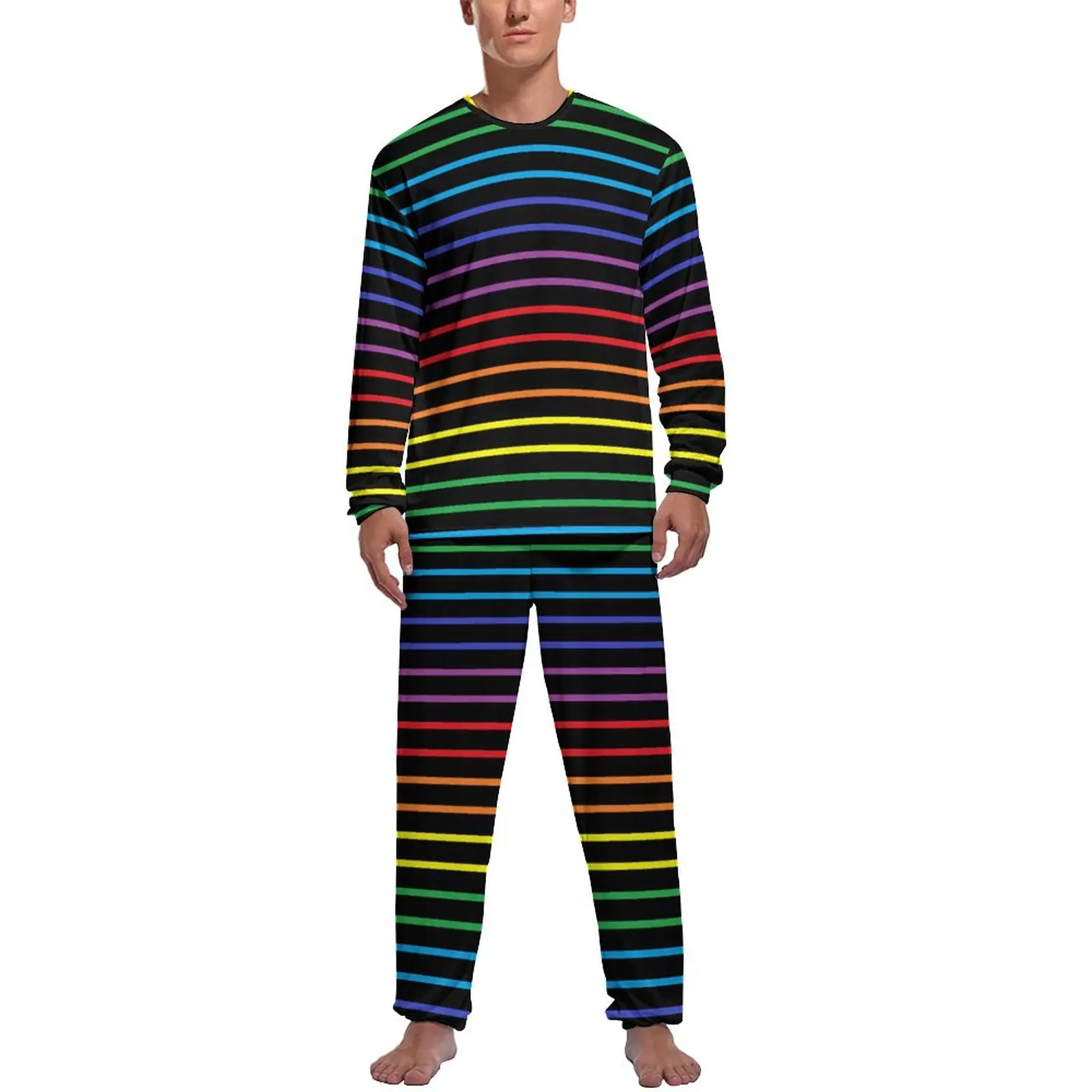 

Rainbow Stripes Pajamas Spring Black Lines Print Bedroom Sleepwear Men 2 Pieces Printed Long Sleeves Romantic Pajamas Set