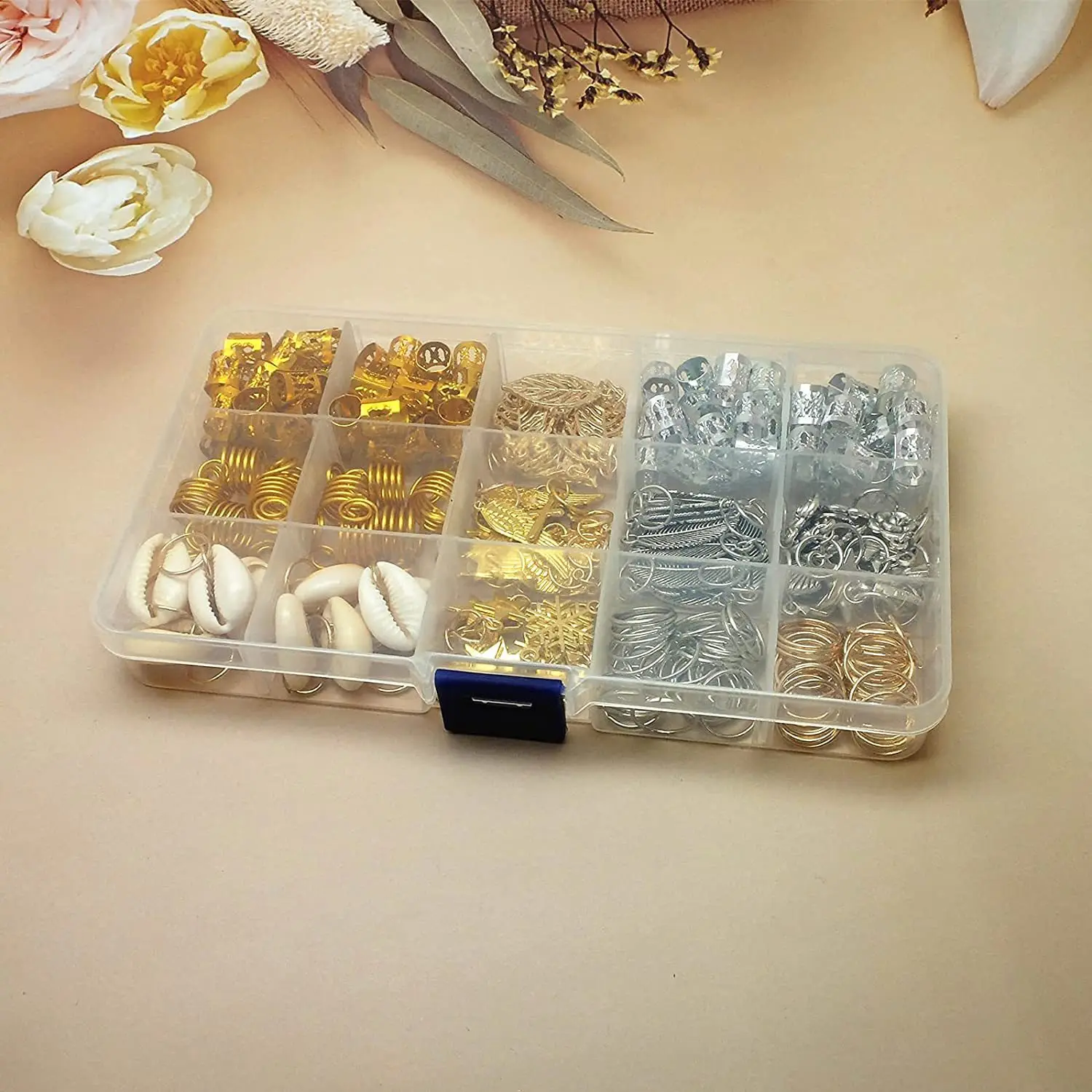 220pcs 15 Style Mix different Metal Leaves Ring Hair Braid Dreadlocks Beads Clips Hair Decoration Accessories with Storage Box