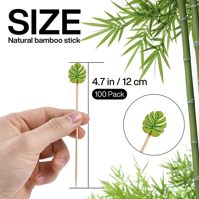 Picks 100 Counts 4.7" Bamboo Wooden Decorative Sticks for Appetizers Fancy Cocktail Party-Green Leaf Toothpicks, Palm Leaves