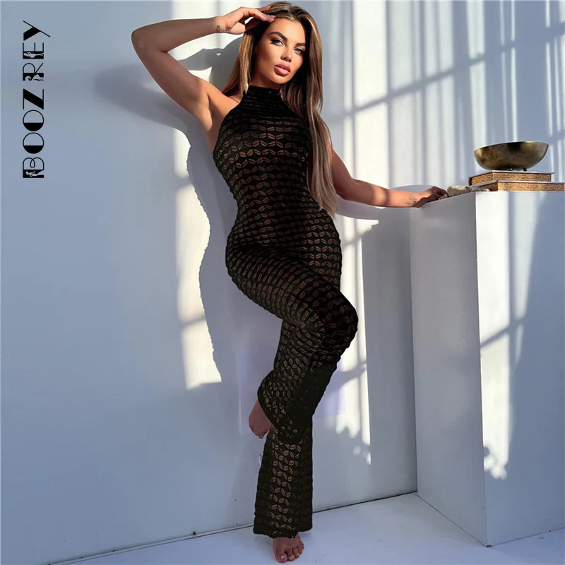 

BoozRey Sexy Solid See Through Hollow Out Neck-mounted Bodycon Women Sleeveless Backless High Waist Slim Streetwear Jumpsuit