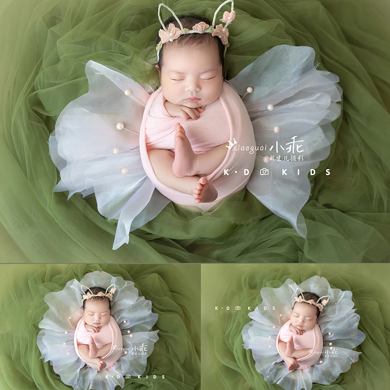Newborn Photography Props 2022 For Baby Girl Outfit Butterfly Shape Mesh Wrap Headdress Full Set Baby Photo Shoot Accessories newborn photoshoot at home