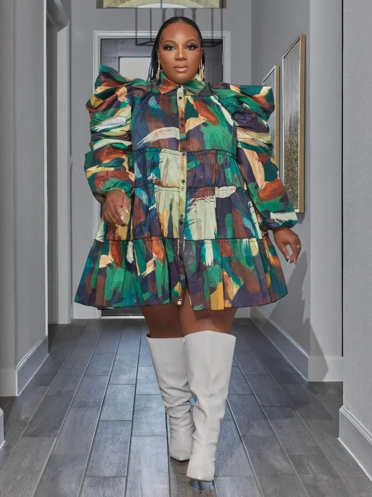 Wmstar Plus Size Dresses for Women Puff Long Sleeve Casual Printed Cute Ball Gown Shirts Party Midi Dress Wholesale Dropshipping
