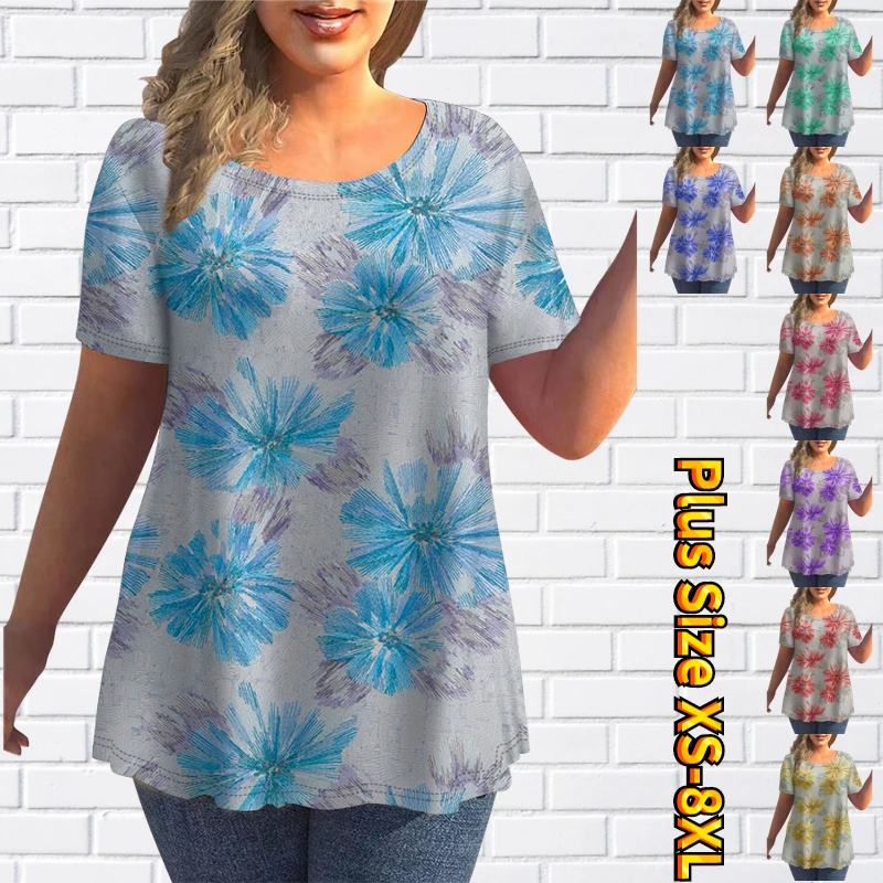 

2022 Summer Women's Fashion Floral Pattern T-shirt Round Neck Top Everyday Street Loose Size Pullover Casual Clothing Tee Shirt