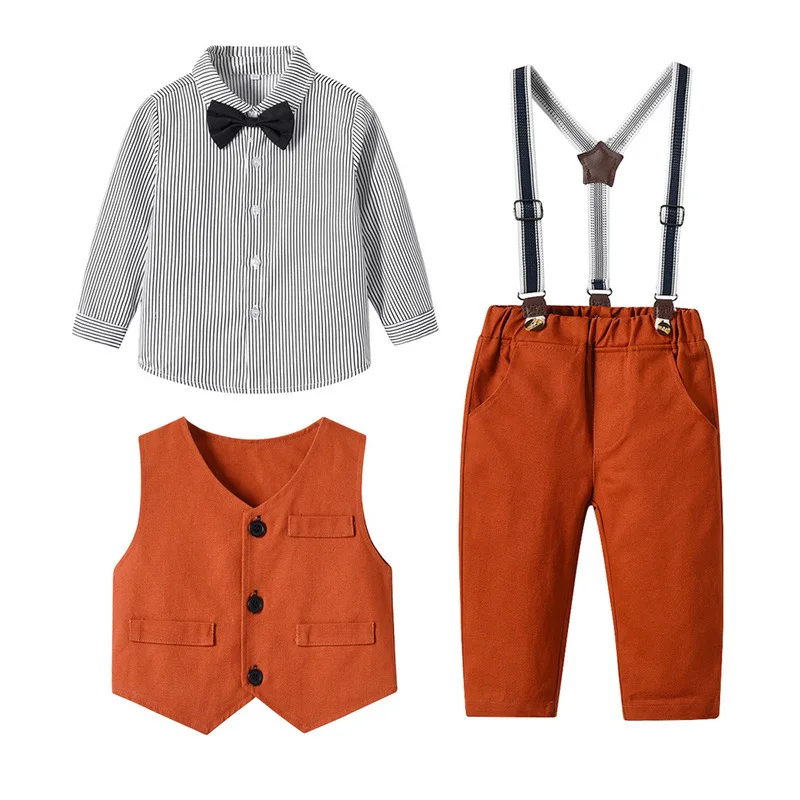 

Children's Clothing Spring and Autumn Children's Polo Collar Stripes Cotton Shirt Single-Breasted Gentleman Vest Suspender Pants