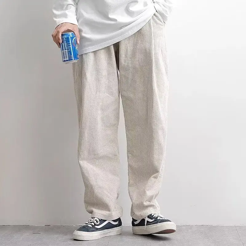2023 Autumn KPOP Fashion Style Harajuku Slim Fit Trousers Loose All Match Corduroy Casual Pants Solid Pockets Straight Leg Pants