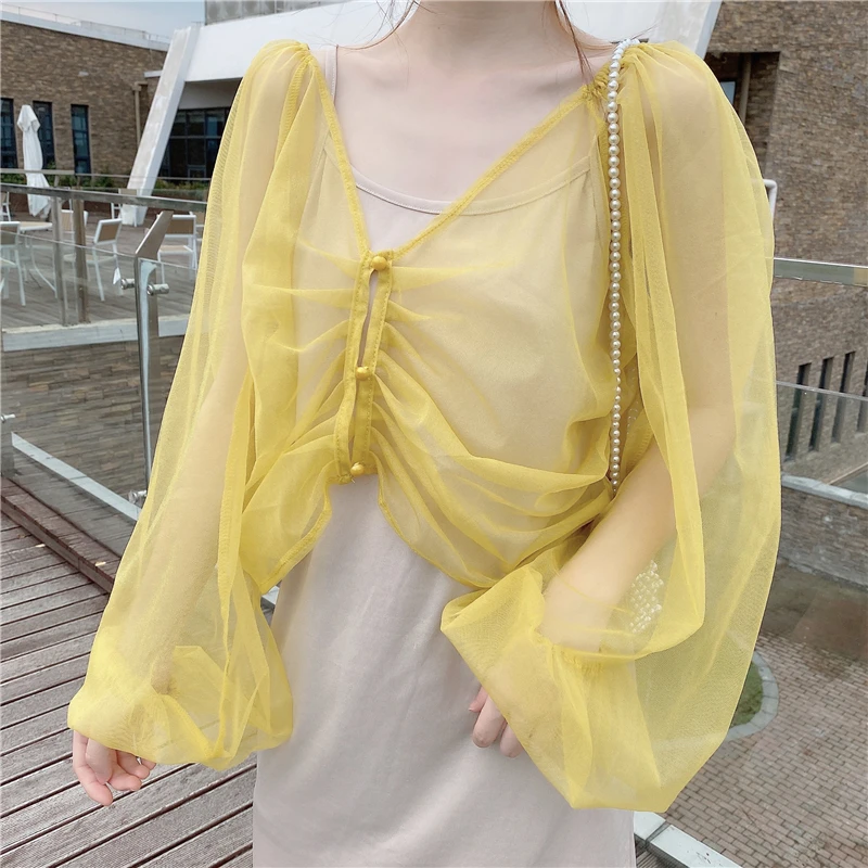 bathing suit coverups Boring Honey Women's Sunscreen Slothing Summer Long-Sleeve Cardigan Chiffon Loose And Comfortable Balloon Sleeve Beach Dress Top cute bathing suit cover ups