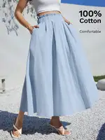 Light Blue High Waist A-Line Linen Midi Skirt for Summer Casual Wear - Image 6