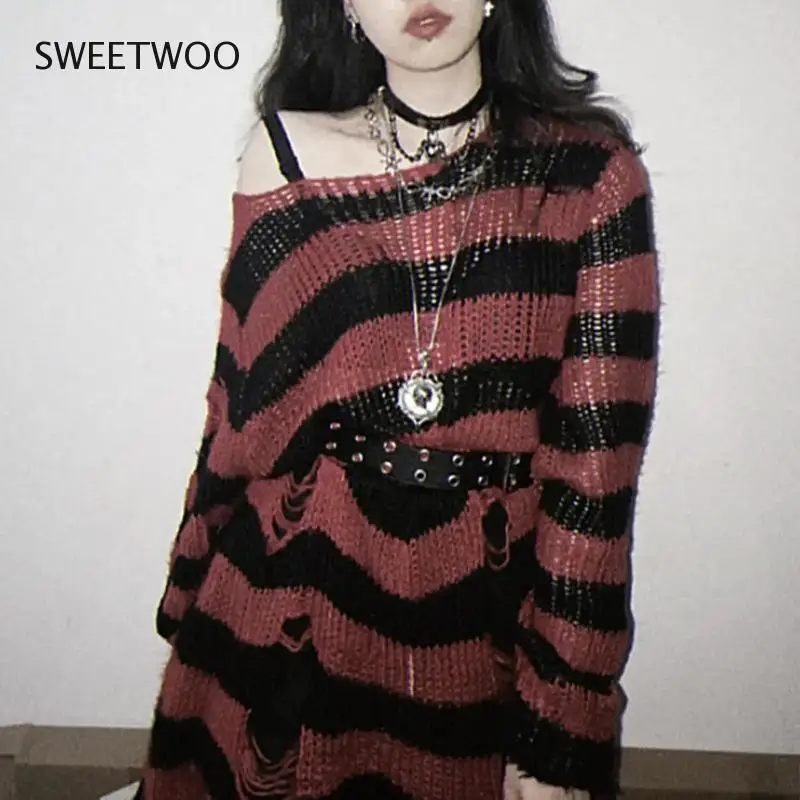 

Pink Striped Gothic Sweaters Women Ripped Holes Loose Knitted Pullover Frayed Fairy Grunge Jumpers Emo Streetwear Lolita Tide