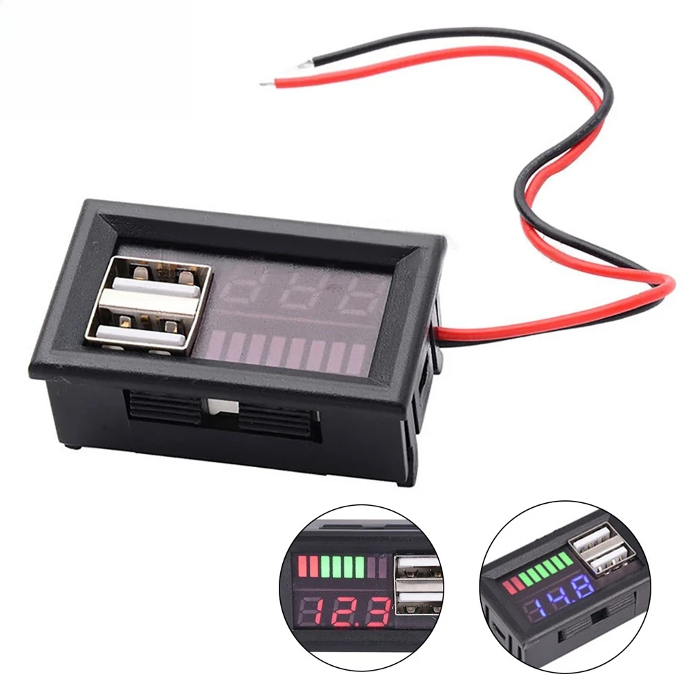Compact 12V LED Voltmeter with Dual USB Charging Ports