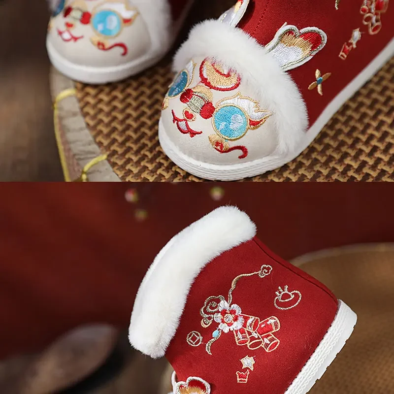 Baby Retro Embroidered Handmade Shoes Princess Girls Hanfu Ankle Boots Faux Fur Winter Warm Thermal Footwear Old Beijing Shoes