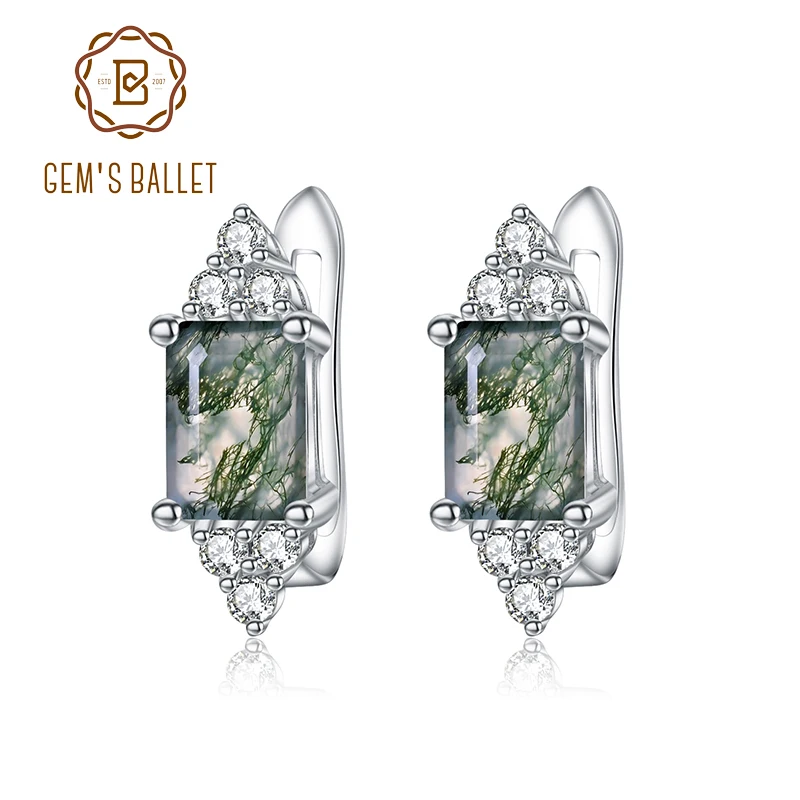 

GEM'S BALLET Unique 5x7mm Octagon Cut Moss Agate Studs Earrings in 925 Sterling Silver Dainty Wedding Earrings Gift For Her