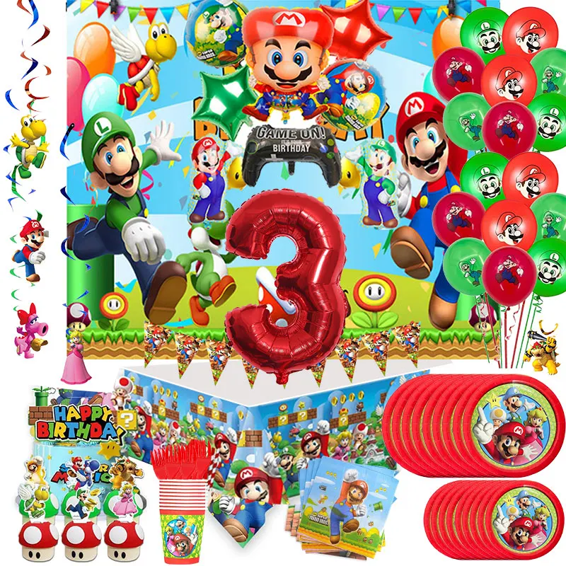 Super Mario Birthday Party Decoration Mario Balloons Piatti Di Carta Tazze Sfondo Super Brother Kids Baby Shower Party Supplies