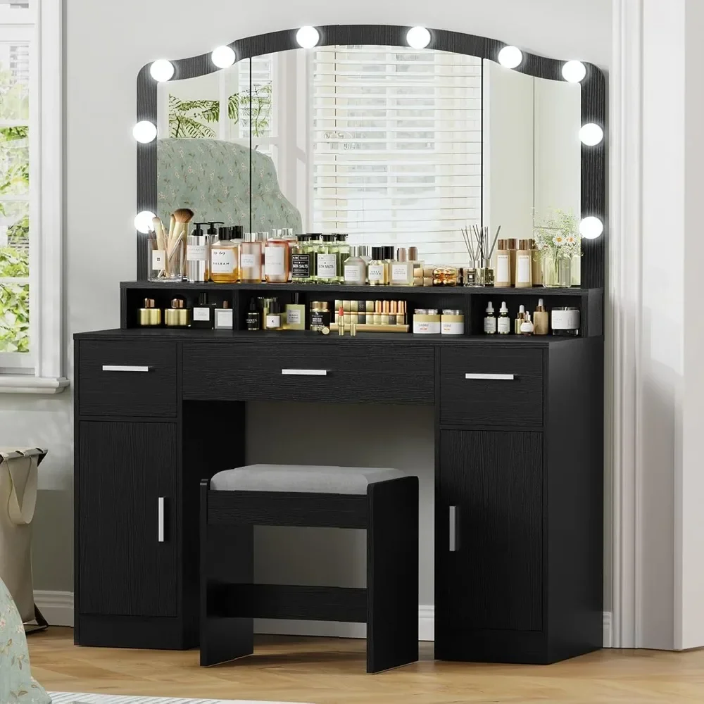 10 Led Lights, Dressing Vanity Table with Stool,Makeup Vanity with Lights, with 3 Drawers, 2 Cabinets & Long Storage Shelf 2