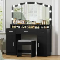 10 Led Lights, Dressing Vanity Table with Stool,Makeup Vanity with Lights, with 3 Drawers, 2 Cabinets & Long Storage Shelf 2