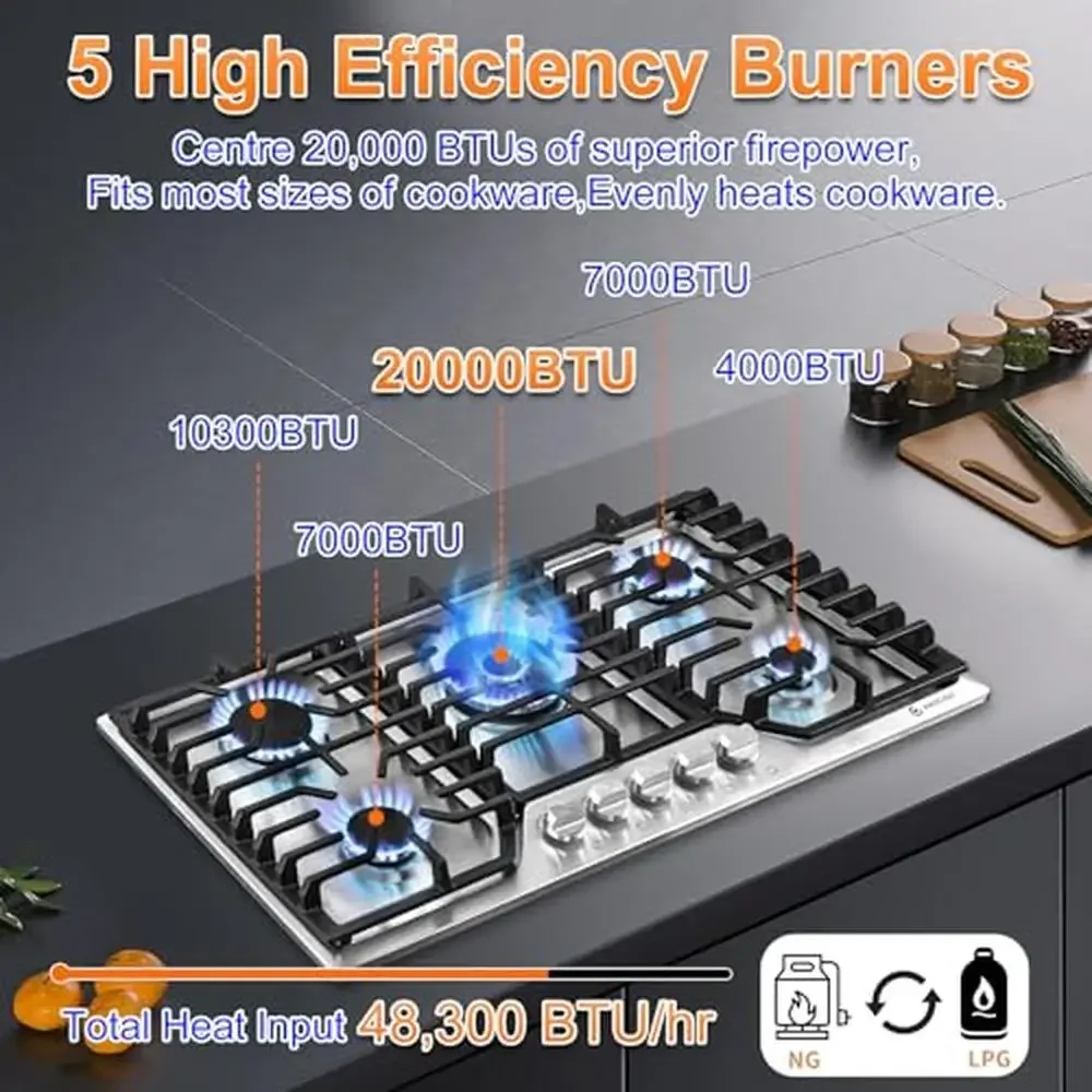 Efficient 30" Gas Cooktop 5 Sealed Burners Italian SABAF Design 304 Stainless Steel Knob Control Dual-Use Grill Pan Safety 4