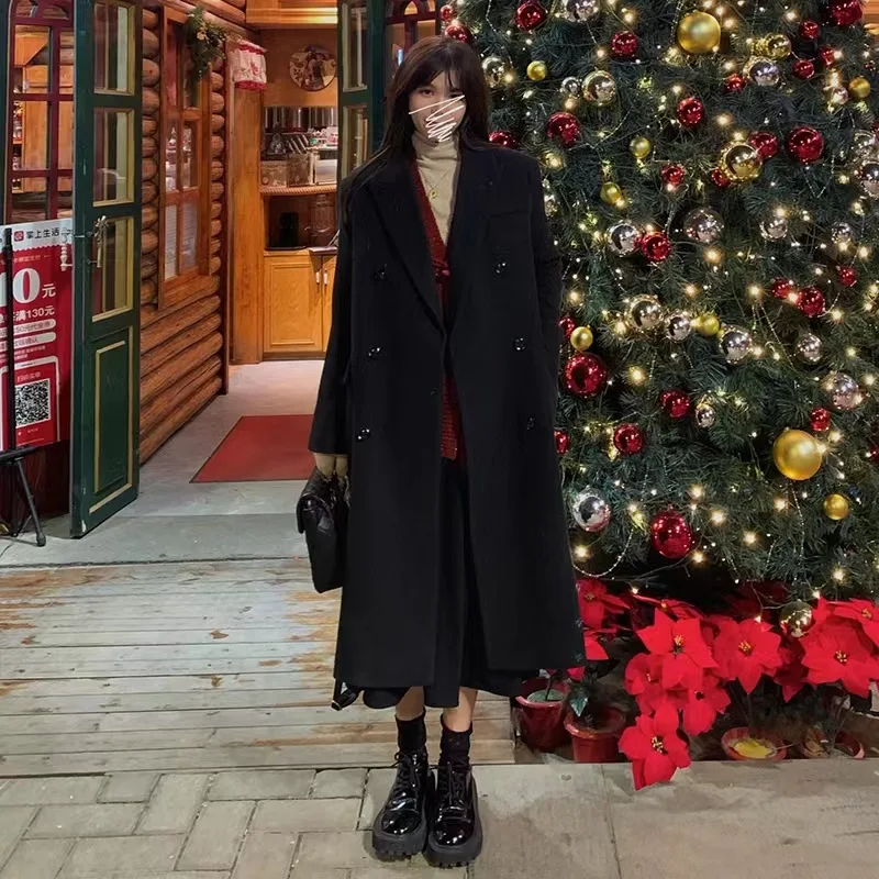 Trendformal DressesBlack Woolen For Women, Double Breasted Coat, Medium Length, Over The Knee, Autumn And Winter, 2024, N