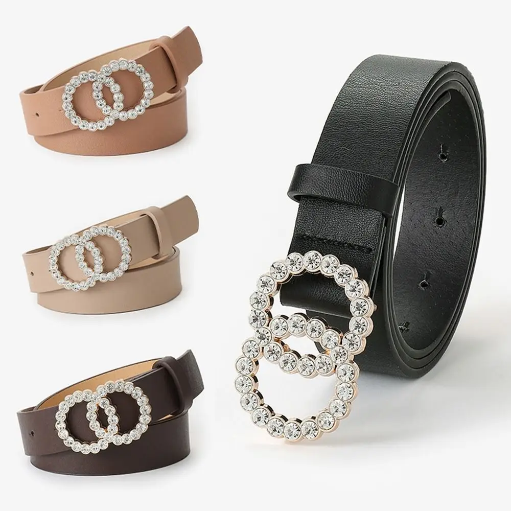 Women Casual Vintage Elegant Two Circle DiamondLeather Belt Ladies