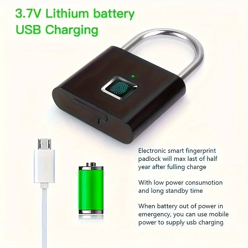 USBRechargeable Portable Smart Fingerprint Lock Anti-rust Security Lock Keyless Anti-theft for Luggage Suitcase Travel Case